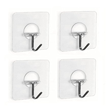 Fealkira 13.2lb/6kg(Max) Nail Free Adhesive Transparent Reusable Heavy Duty Wall Hook for Hat/Towel/Robe/Clothes,No Scratch,Waterproof & Oilproof,Bathroom Kitchen Wall Towel Hooks& Ceiling Hanger(4)