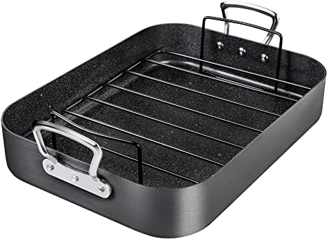 MICHELANGELO Roasting Pan with Rack, Hard Anodized Turkey Roaster Pan, Large Turkey Roasting Pan for Oven, Nonstick Rectangular Roaster Pan with Rack, 16 Inch x 12 Inch