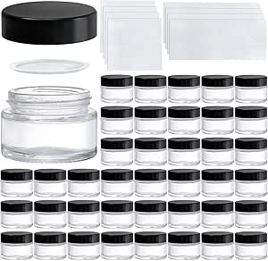 Bekith 40 Pack 1 oz Small Glass Jars, Empty Round Clear Glass Jars with Black Lids, Blank Labels & Inner Liners, Mini Cosmetic Containers Travel Jars for Cream, Lotion, Sample, Powder