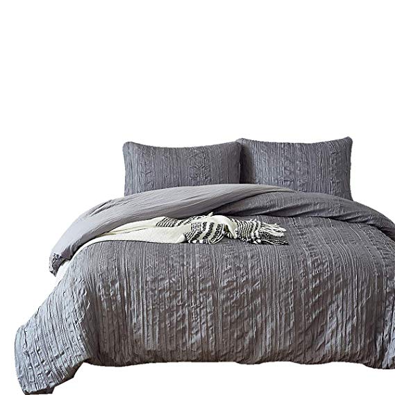 Lakebay Lightweight Microfiber Duvet Cover Set, Slight Wrinkle Bedding Duvet Cover with Zipper Closure and Ties, 3 Piece - Queen Size, Grey