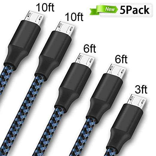 ONSON Micro USB Cable,5Pack 3FT 2x6FT 2x10FT Long Premium Nylon Braided Android Charger USB to Micro USB Charging Cable Samsung Charger Cord for Samsung Galaxy S7 Edge/S7/S6/S4/S3,Note 5/4/3-Blue