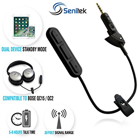 Senitek Bluetooth Wireless Adapter For Bose QC15 / QC2 Headphones | 4.1 Bluetooth Technology Converter Receiver Kit | Easy Pairing, Dual Device Standby Mode, Compatible With Smartphones & iPhones
