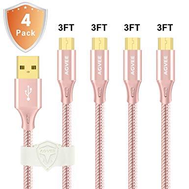 3A Current Fast Micro USB Cable [4 Pack 3FT] ?Heavy Duty Rose Gold Metal Shell Nylon Braided Durable Charger Cord Agvee Android Charging Cable for Samsung Galaxy S7 S6 S5 Note 5 J7, PS4