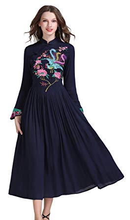 Shineflow Women's Long Sleeve Chinese Traditional Style Phoenix Floral Embroidered Long Dress