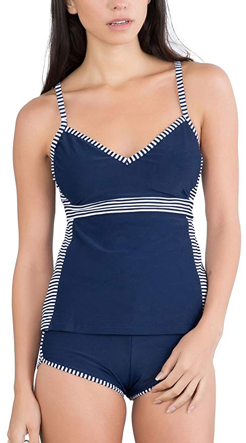 ToBeInStyle Women's Side Panel Tankini Top & Board Shorts - Navy/White - Medium