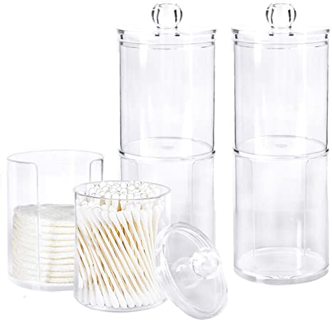 Bekith 3 Pack Apothecary Jars Set， Qtip Holder Dispenser Bathroom, Clear Plastic Acrylic Jar Storage Canister for Cotton Balls, Cotton Swabs, Cotton Rounds, Makeup Pads