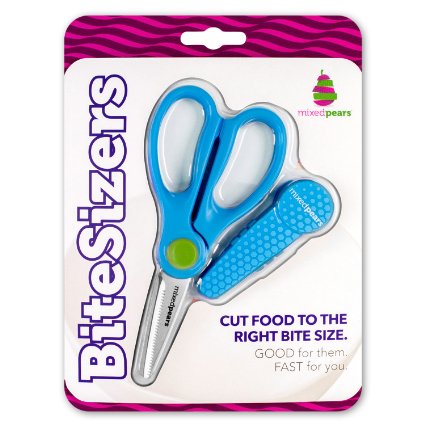 BiteSizers Portable Food Scissors with Cover - Certified Food-Safe by NSF, Stainless Steel, Cuts Baby Food (Blue Hex)