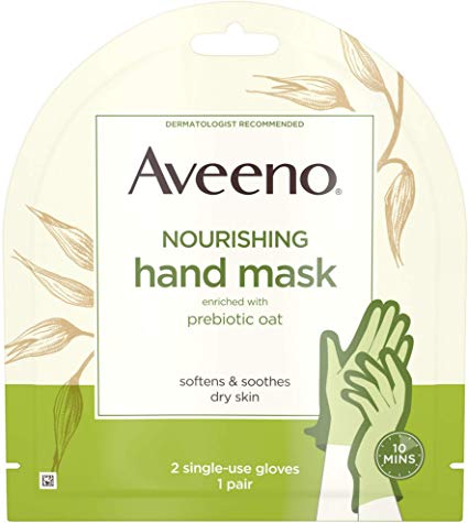 Aveeno Nourishing Hand Therapy Mask Moisturizing formula with Prebiotic Oat for Dry Skin, Fragrance-Free and Paraben-Free, 2 Single-Use Gloves 1 ea