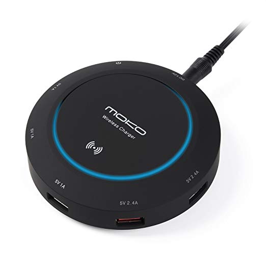 MoKo Wireless Charger, 5-Port USB Charging Pad Dock, for iPhone X / 8 / 8 Plus, Samsung Galaxy S8 / S8 Plus / S7 / S7 Edge / S6 / S6 Edge / S6 Edge  / Nokia Lumia 920, All Qi-Enabled Devices, Black