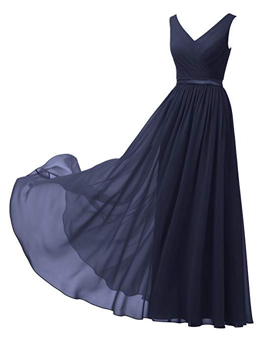 Alicepub V-Neck Chiffon Bridesmaid Dress Long Party Prom Evening Dress Sleeveless
