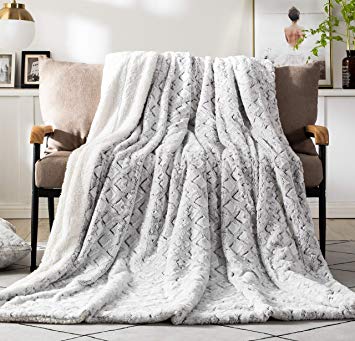 DaDa Bedding Luxury Throw Blanket - Dreamy Milky Way Cloud White - Purple Undertone Embossed Faux Fur Sherpa - Super Soft Warm Plush - 50" x 60"