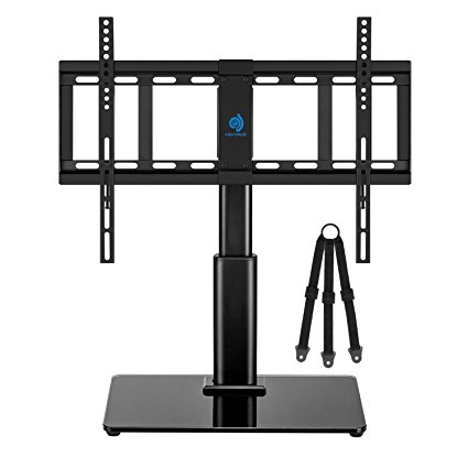 Universal TV Stand, Adjustable Table Top TV Stand for 32 to 60 Inch TVs with 70 Degree Swivel & 4 Level Height Adjustment, Tempered Glass Base, Hold up to 60lbs, Optional Anti-Tip Safety Strap
