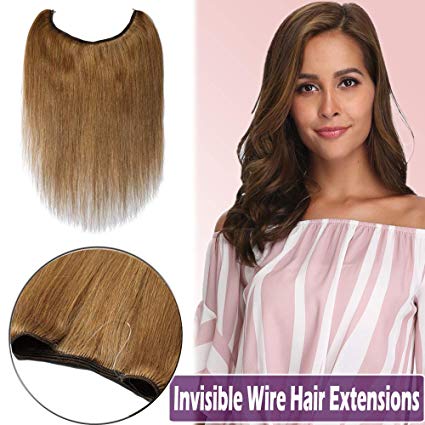 Hidden Wire Hair Extensions 100% Human Hair Fish Line Remy Invisible Secret Wire Hairpieces No Clips No Glue for Women Beauty 16" 60g #6 Light Brown