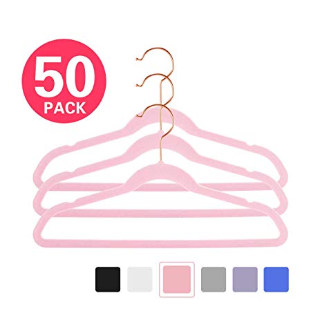 MIZGI Premium Kids Velvet Hangers (Pack of 50) 14" Wide with Copper/Rose Gold Hooks,Space Saving Ultrathin,Nonslip Hangers use for Petite Junior Children's Skirt Dress Pants,Clothes Hangers-Pink