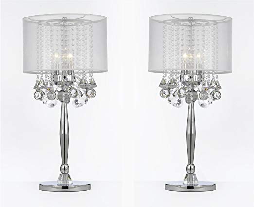 SET OF 2 ! Silver Mist 3 Light Chrome Crystal Table Lamp with White Shade Transitional Contemporary Modern Lamp
