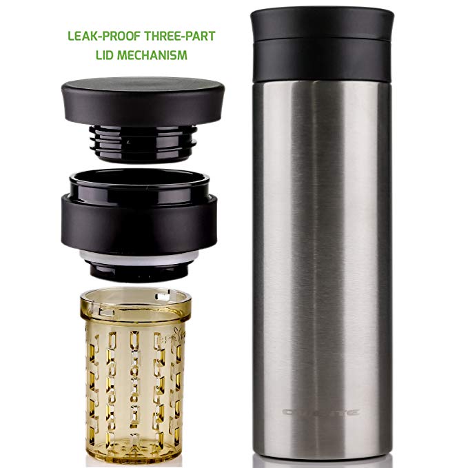 Ovente Travel Mug with Flavor Infuser, Hot/Cool Thermos, Vacuum Insulated, Stainless Steel, Nickel Brushed, 16 oz (MSA16S)