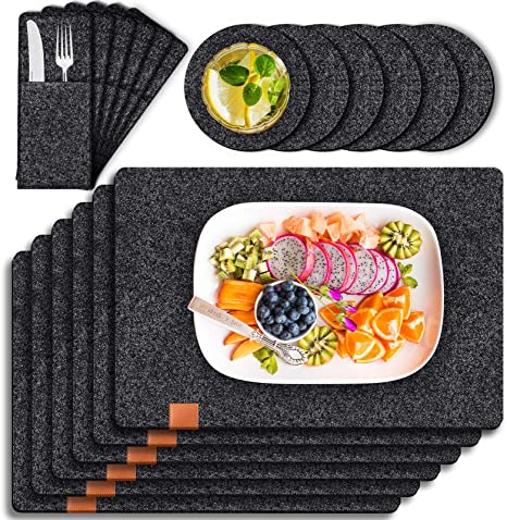 Tendak Felt Placemats, Felt mats, Coasters and Cutlery Bags, Dinner Mat, Heat-Resistant Non-Slip Table, Tableware Coaster, Placemats with Coasters, Washable Suitable for Dining Tables (Gray,6 Sets)