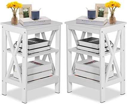 VECELO Modern Versatile Nightstands X-Design Side End Table Night Stand Storage Shelf with Bin Drawer for Living Room Bedroom, Set of 2 (White A2)