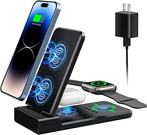 Wireless Charging Station, 3 in 1 Wireless Charger Stand, Fast Wireless Charging Dock for iPhone 14/13/12/11/Pro/X/Max/XS/XR/8/Plus, Apple Watch7/6/5/4/3/2/SE, Airpods 3/2/Pro(Black)