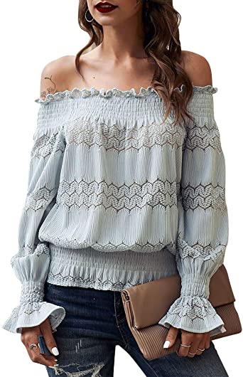 Exlura Womens Off The Shoulder Blouse Tops Lace Crochet Ruffle Bell Long Sleeve Shirt