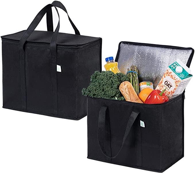 VENO 2 Pack Insulated Reusable Grocery Bag, Food Delivery Bag, Durable, Heavy Duty, Large Size, Stands Upright, Collapsible, Sturdy Zipper, Reusable and Sustainable (BLACK, 2)