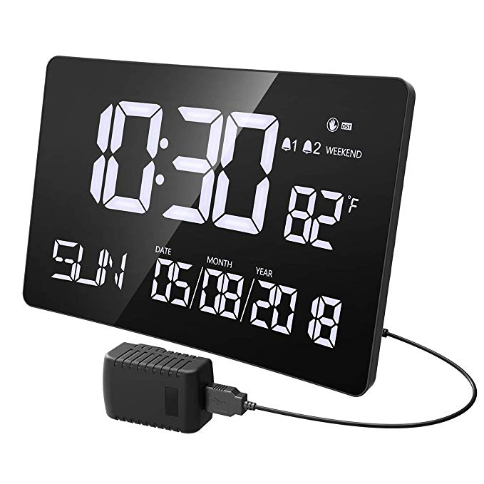 Digital Alarm Clock, TopElek Jumbo Alarm Clock with 9.5in LED Curved-Screen, Gesture Sensor, Dimmer and Alarm Sound Control, Temperature, Calendar,12/24 Hour, DST Adjustment, Battery Backup, White