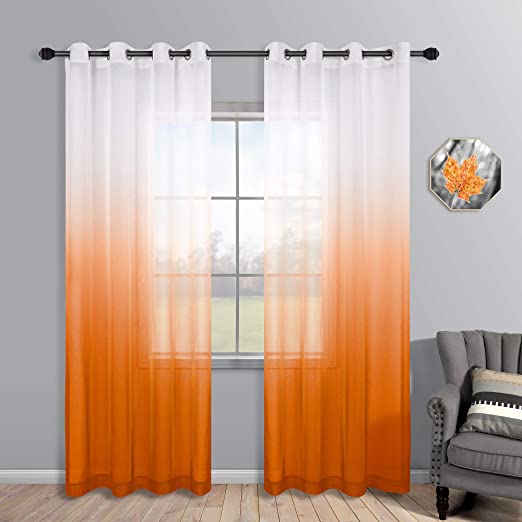 Orange Curtains 84 Inch Length for Living Room Decor Set of 2 Panels Grommet Faux Linen Semi Sheer Ombre Orange Curtains for Bedroom Boys Room Kids Playroom 52x84 Inches Long