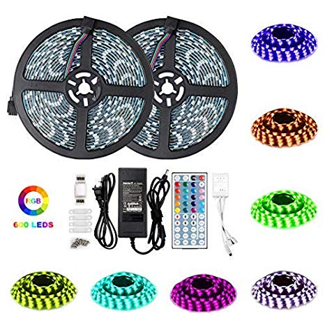 Polaristar Led Strip Lights,10m Waterproof 5050 RGB 600leds Flexible Color Changing Led Light Strip with 44Keys IR Remote 12V Power Supply for Indoor and Outdoor Decor