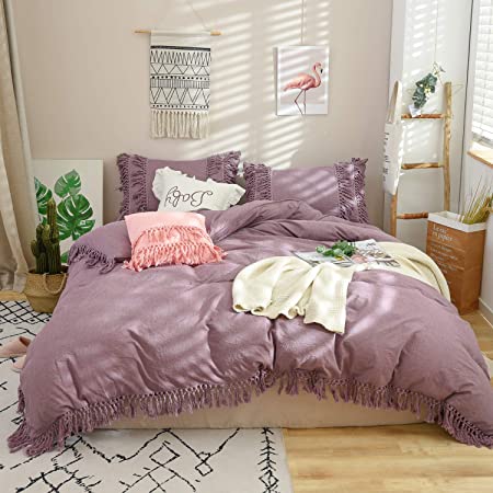 Softta Ruffle Bedding Full Duvet Cover 3 Pcs Bohemian Duvet Covers Tassel Girls Bedding Boho Bohemian 100% Washed Cotton Purple with Zipper Ties