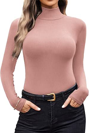 Ekouaer Women Turtleneck Shirt Long Sleeve Layer Tops Basic Ribbed Tees Soft Stretch Thermal Undershirts Lightweight Blouse