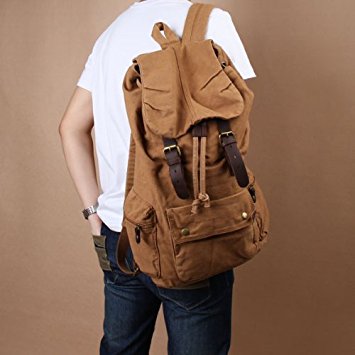 Vktech Vintage Men Women Casual Canvas Backpack Schoolbag Hiking Travel Bag (Brown)