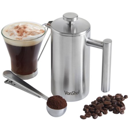 VonShef Double-Wall Keep Warm Satin Brushed Stainless Steel French Press Cafetiere Coffee Filter(3 Cup w/ Measuring Spoon and Sealing Clip). Available in sizes 3, 6 and 8 Cup