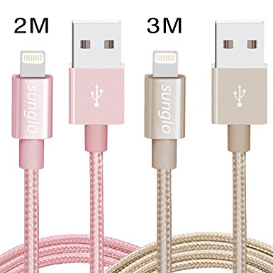 iPhone Cable , Sunglo(TM) Lightning Cable High Speed Sync iPhone Charger in Nylon Braided for iPhone 6 iPhone 6s iPhone 6Plus iPhone 6sPlus / iPhone 5 iPhone 5s iPhone 5c iPhone SE / iPad / iPod 2M(Pink) 3M(Champagne)