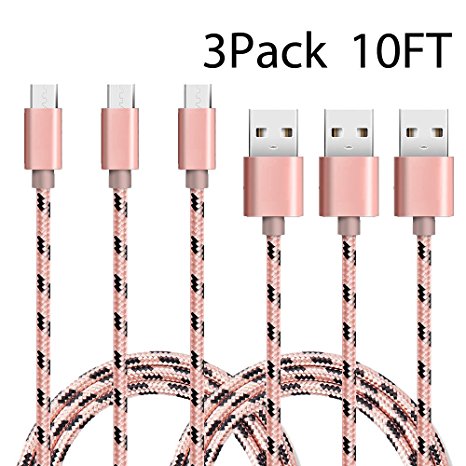 Micro USB Cable, 3Pack 10FT Long Nylon Braided High Speed USB to Micro USB Charging Cables Android Charger Cord