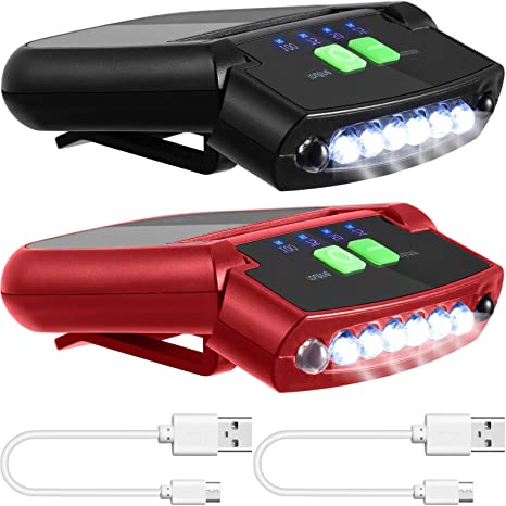 2 Pieces LED Clip on Cap Lights USB Rechargeable Cap Flashlight Clip Waterproof Ultra Bright Hands-Free Hat Light Flashlight Headlamp for Fishing Camping Hand Work (Black, Red)