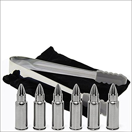 Stainless Steel Bullet Shaped Whiskey Stones -Chilling Rocks Bullet ice cubes Wine Chillers, Set of 6 with Tongs and Storage Bag