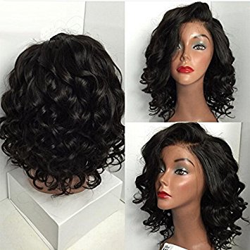 Sunwell 6A Brazilian Virgin Human Hair Short Bob Wavy Wig - Glueless Lace Front Wigs for Black Women, Natural Color 130 Density (12")