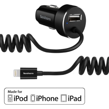 iPhone Car Charger, Saxhorn 4.8A Apple Lightning Car Charger with Tangle-Free Coiled Cable for iPhone 6S, 6S Plus, SE, 6, 5, 5S, 5, iPad - Black