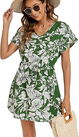 Bluetime Women Casual Swim Cover up V-Neck Summer Coverups Flowy Short Sleeve Mini Beach Dress