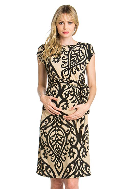 My Bump Women's Side Bow Tie Pattern Cap Sleeve Maternity Dress(Made in USA)