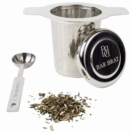 Tea Infuser Strainer Loose Leaf   Spoon by Bar Brat / Premium Micro Filter Stainless Steel Steeper / 110 Cocktail Shaker Ebook Included