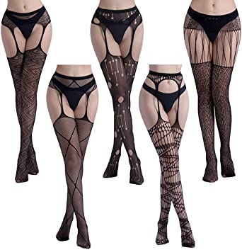 Lady Up Womens Black Tights Garter Belts and Stocking Sets for Women Fishnet Thigh High Suspender Sheer