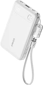 Anker Power Bank, 10,000mAh Portable Charger with Built-in USB-C Cable and Lanyard, 22.5W Max Output with 2 USB-C and 1 USB-A Port, Battery Pack for iPhone 15/14, Galaxy S23, iPad, AirPods, and More