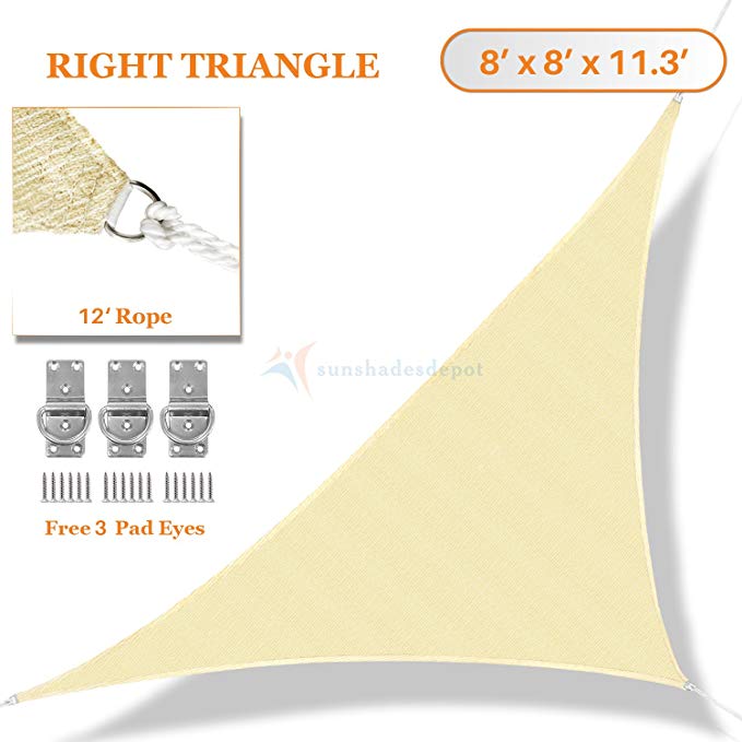 Sunshades Depot 8' x 8' x 11.3' Sun Shade Sail Right Triangle Permeable Canopy Tan Beige Custom Size Available Commercial Standard