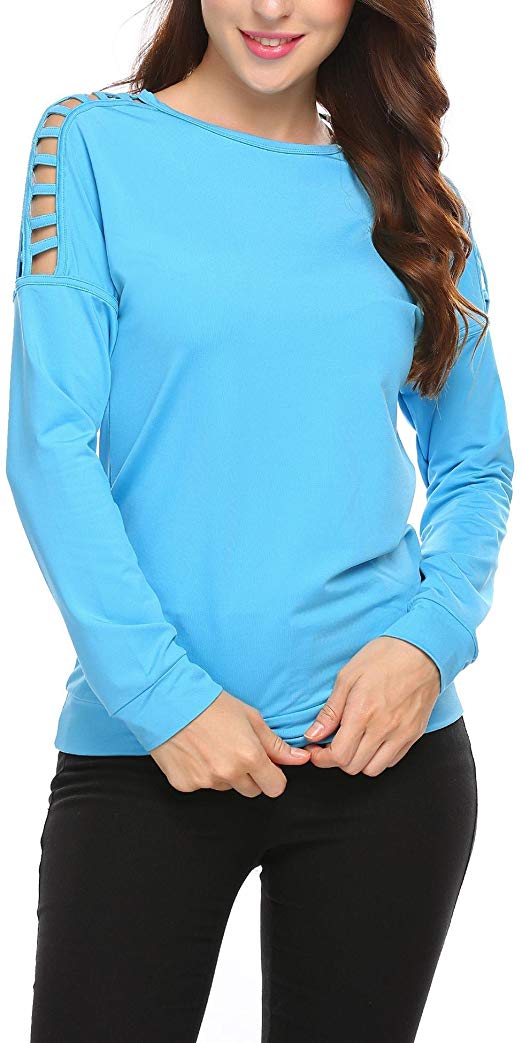 EASTHER Women's Cold Shoulder Blouse Long Sleeve Round Neck Causal Solid Cotton Tunic Tops