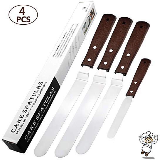 WisFox 4 Pcs Icing Spatula Kit, WisFox Professional 3-Pcs Angled Stainless Steel Icing Spatulas and 1 Pcs Straight Stainless Steel Icing Spatula with Wooden Handle - for Baking and Cake Decorating