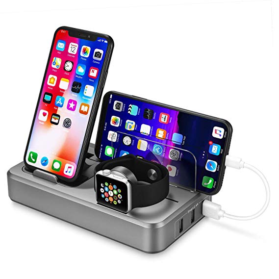 USB Charging Station with 5-Port SendowTek Fast Charge QC 3.0 Docking Station for Multiple Devices 5 Cable Free i Smart Watch 3/2/1 Charging Stand Organizer Compatible with Tablet, Phone Xs/X Max/XR/8