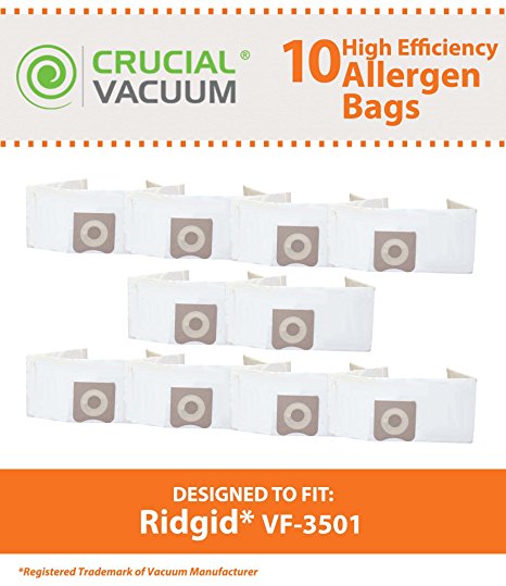 10 Ridgid VF3501 Allergen Bags, Fits 3-4.5 Gallon Wet & Dry Vacuums, Compare to Part # VF3501, Designed & Engineered by Crucial Vacuum