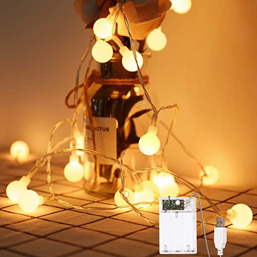 Globe String Lights 2 Lighting Modes, Battery Powered/USB Plug in, 16ft 40LEDs Ball Fairy Lights, Decorative for Indoor Lighting Bedroom Patio Garden Wedding Party Christmas(Warm White)
