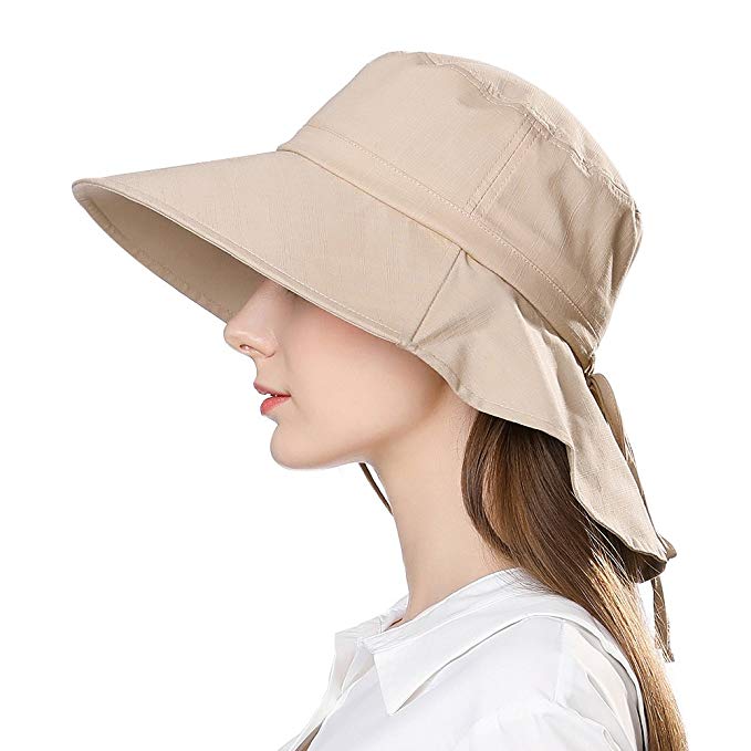 Packable Womens Summer Sun Shade Cotton Hat Spf Protection Wide Brim with Flap